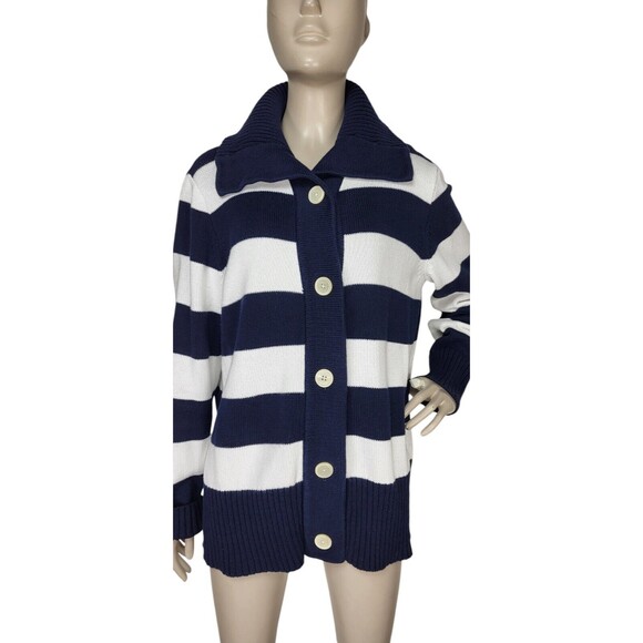 Chaps Navy Blue White Striped Knit Collared Cardigan Sweater Women's Size 2X - Picture 5 of 10
